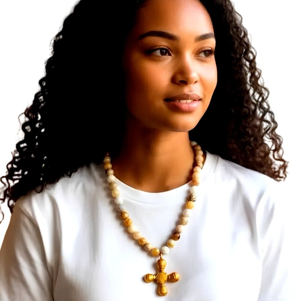 Artisan Botswana Agate Beaded Cross Statement Necklace